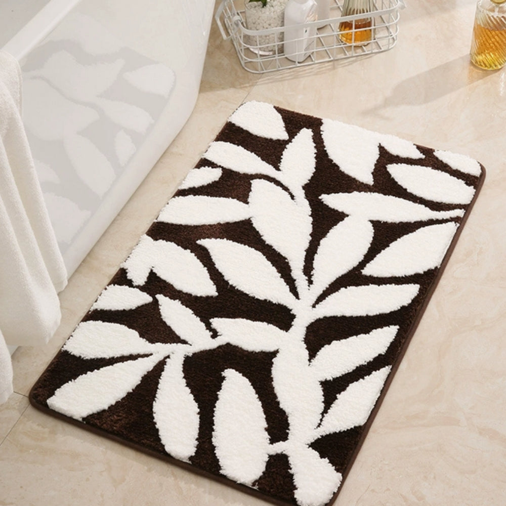 Palmera Botanical Bath Mat – Microfiber Non Slip Bathroom Rug Soft Absorbent Washable Beige White Leaf