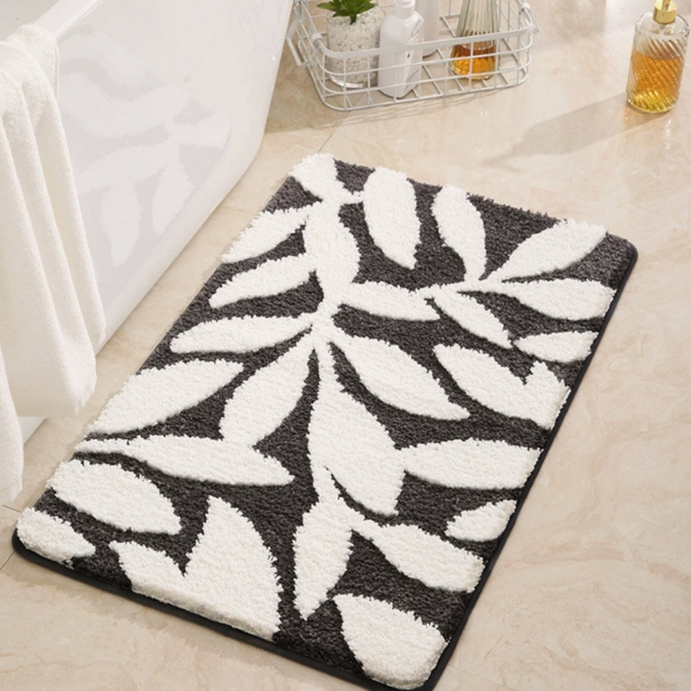 Palmera Botanical Bath Mat – Microfiber Non Slip Bathroom Rug Soft Absorbent Washable Beige White Leaf