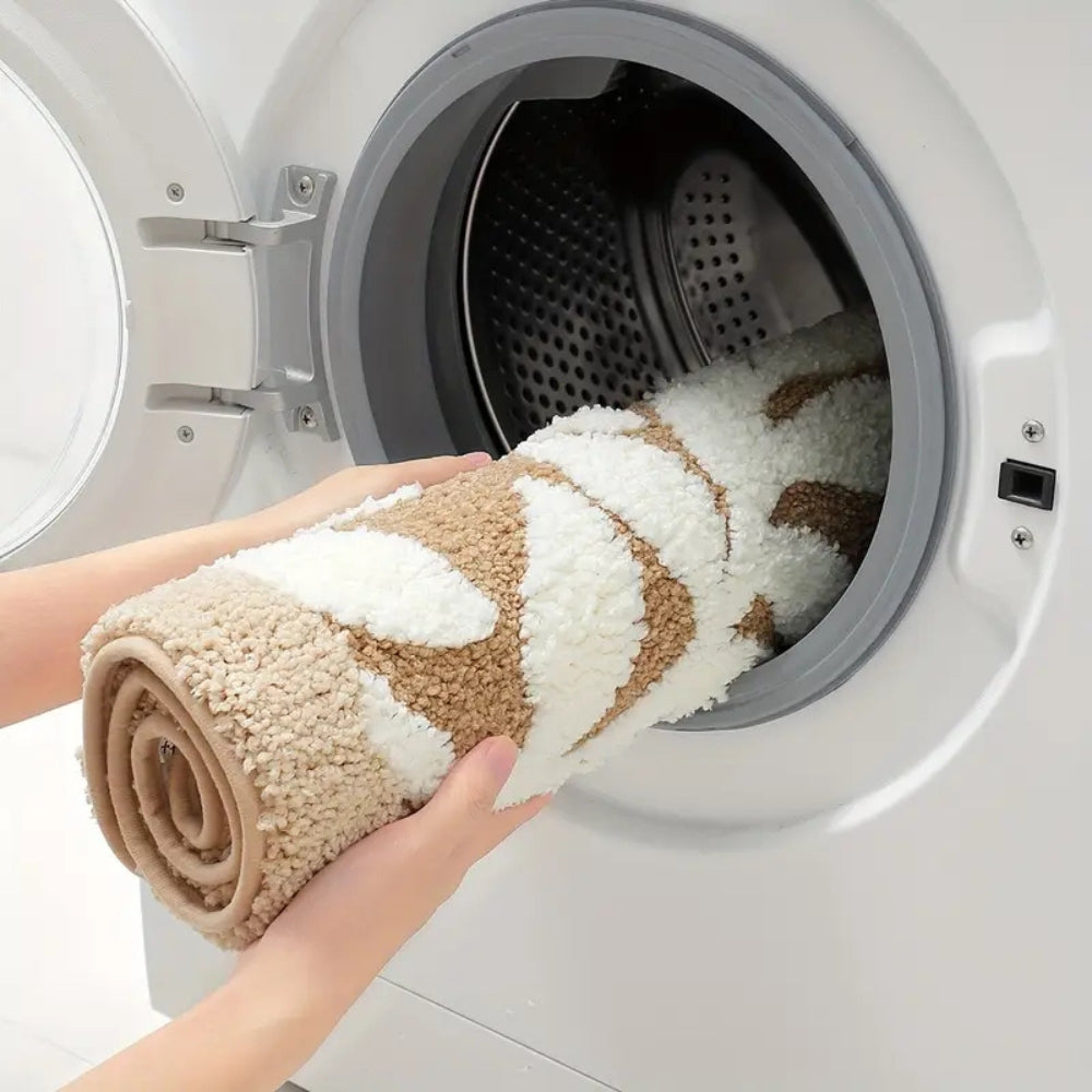 Palmera Botanical Bath Mat – Microfiber Non Slip Bathroom Rug Soft Absorbent Washable Beige White Leaf