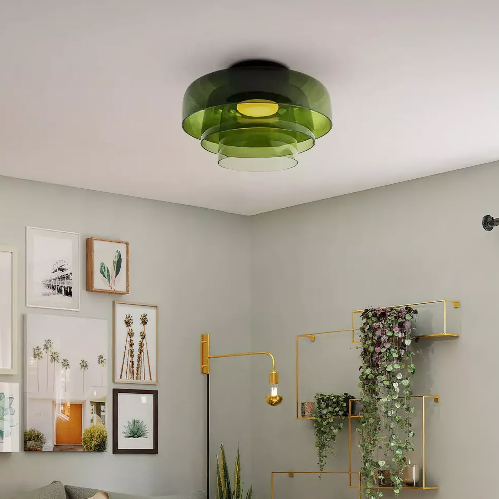 Layered Glass Flush Mount Ceiling Light – Modern Green Dome Fixture