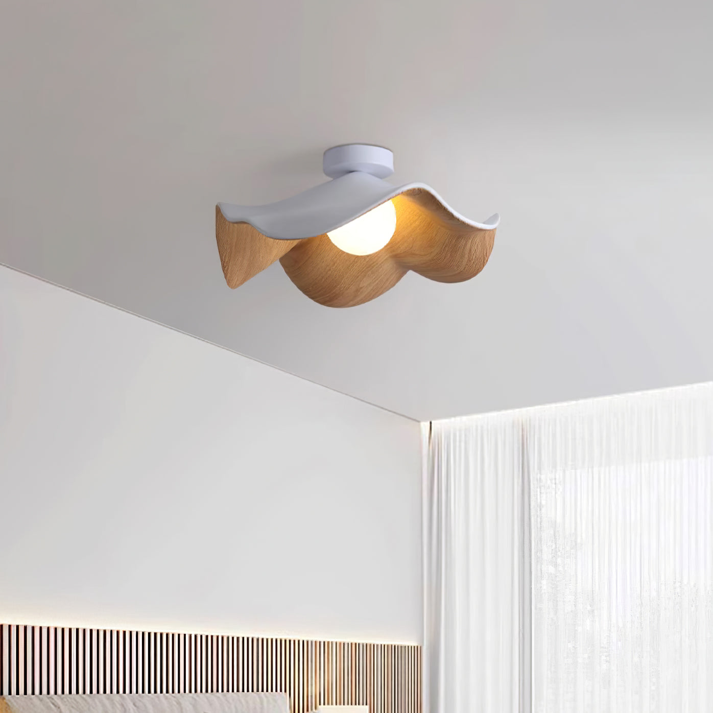 Lotus Leaf Flush Ceiling Light – Curved Wood LED Fixture