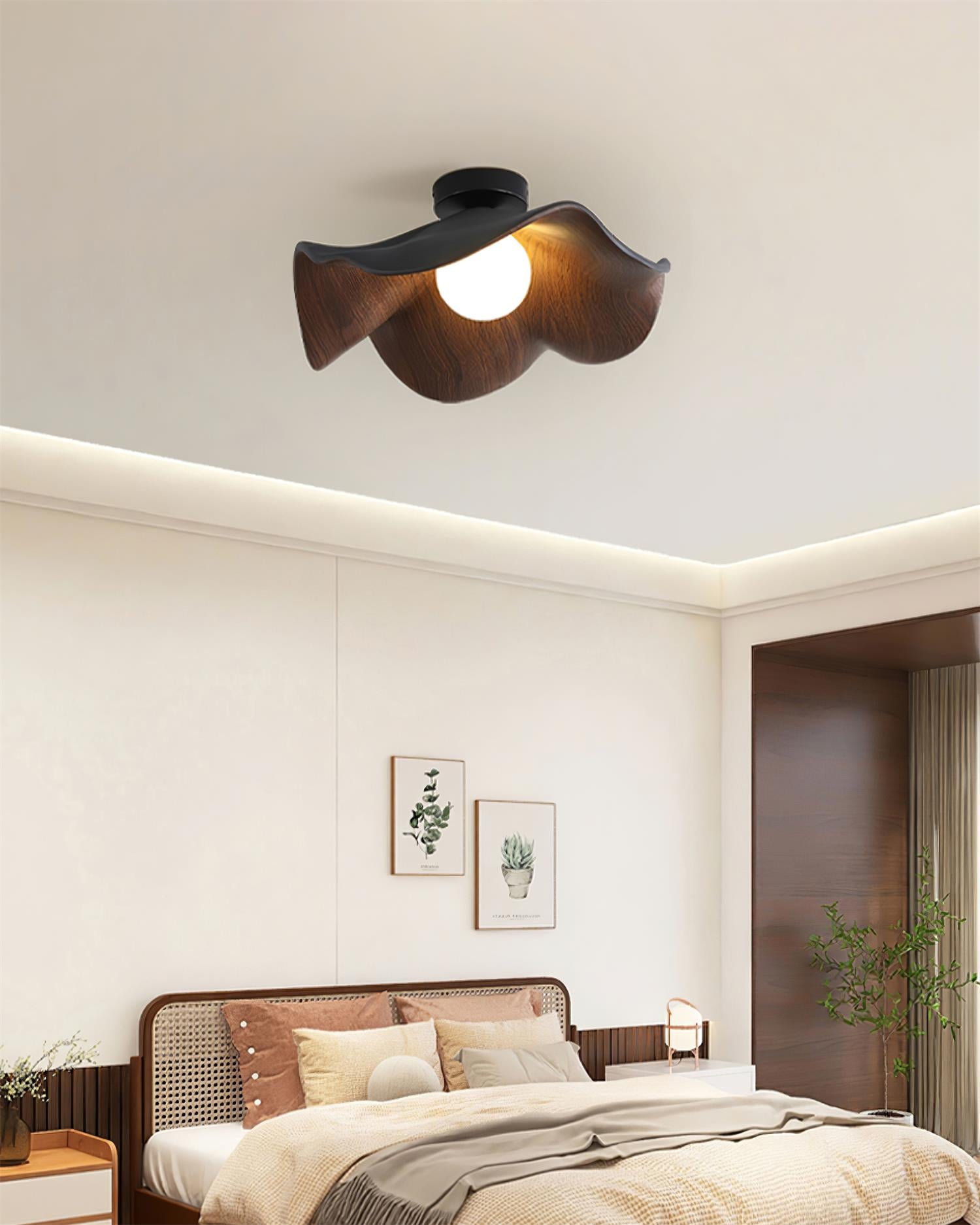 Lotus Leaf Flush Ceiling Light – Curved Wood LED Fixture