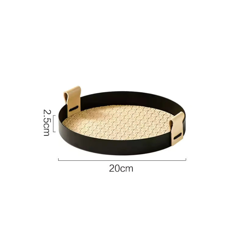 Kintara Round Serving Tray Set – Woven Bamboo Decorative Trays Black Rim Leather Handles Home Decor