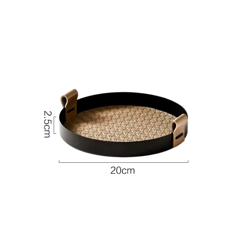 Kintara Round Serving Tray Set – Woven Bamboo Decorative Trays Black Rim Leather Handles Home Decor