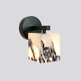 Monolith Cube Wall Lamp – LED Architectural Lighting Fixture with Matte Black Base and Translucent Stone Shade