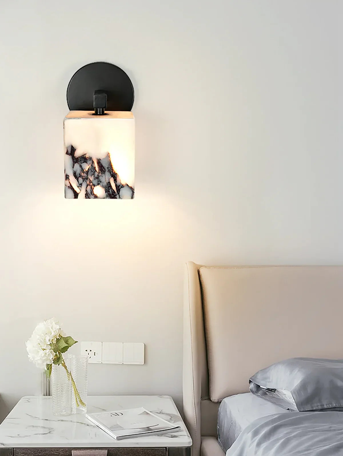 Monolith Cube Wall Lamp – LED Architectural Lighting Fixture with Matte Black Base and Translucent Stone Shade