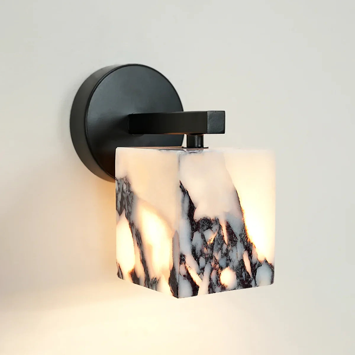 Monolith Cube Wall Lamp – LED Architectural Lighting Fixture with Matte Black Base and Translucent Stone Shade