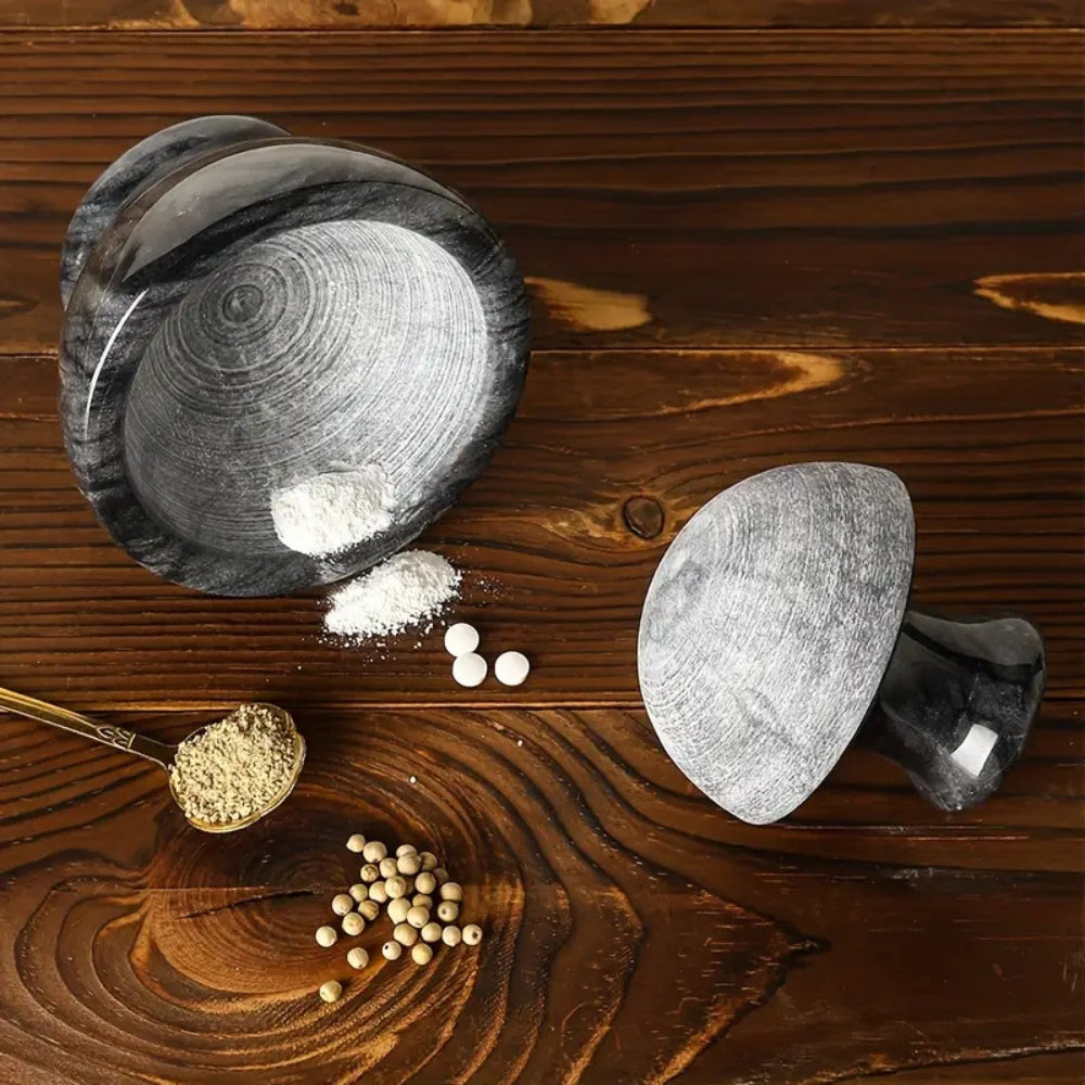 Vespera Marble Mortar Pestle Set – Natural Black Stone Kitchen Spice Herb Grinder Crusher