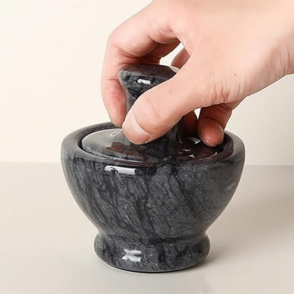 Vespera Marble Mortar Pestle Set – Natural Black Stone Kitchen Spice Herb Grinder Crusher