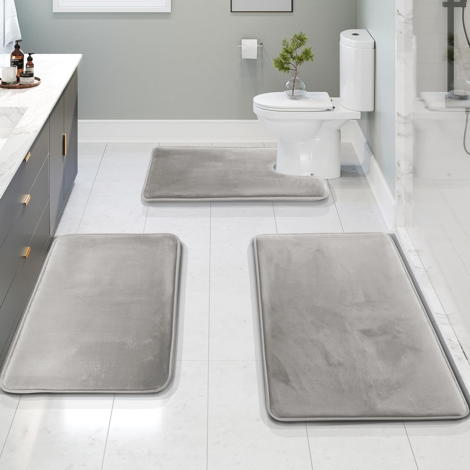 Velour Comfort Bath Mat Set – Memory Foam Non-Slip Bathroom Rugs 3 Piece Black Absorbent Soft Contour