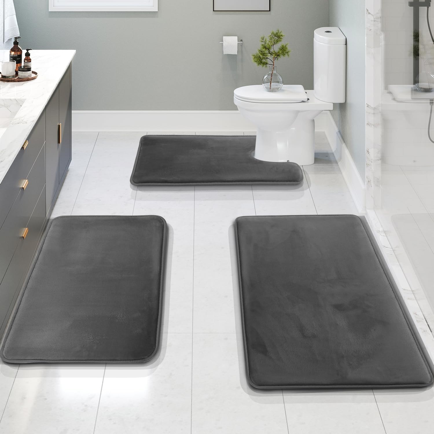 Velour Comfort Bath Mat Set – Memory Foam Non-Slip Bathroom Rugs 3 Piece Black Absorbent Soft Contour