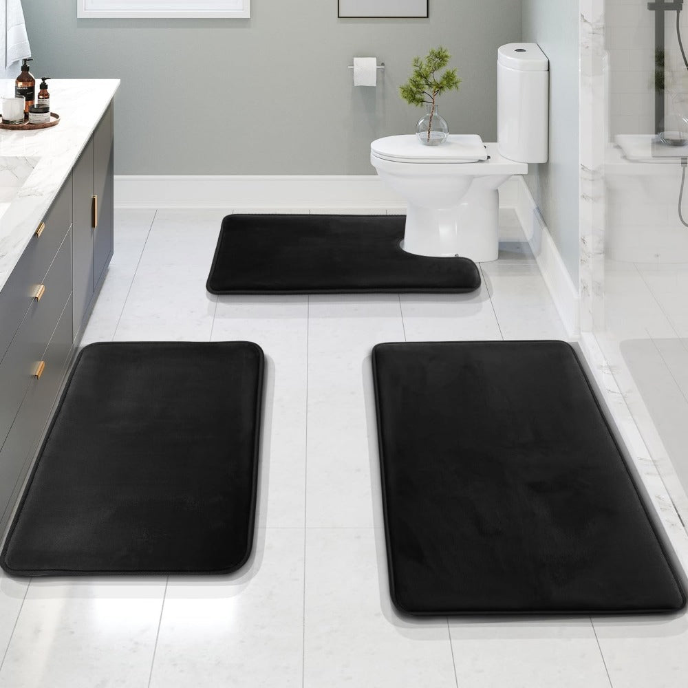Velour Comfort Bath Mat Set – Memory Foam Non-Slip Bathroom Rugs 3 Piece Black Absorbent Soft Contour