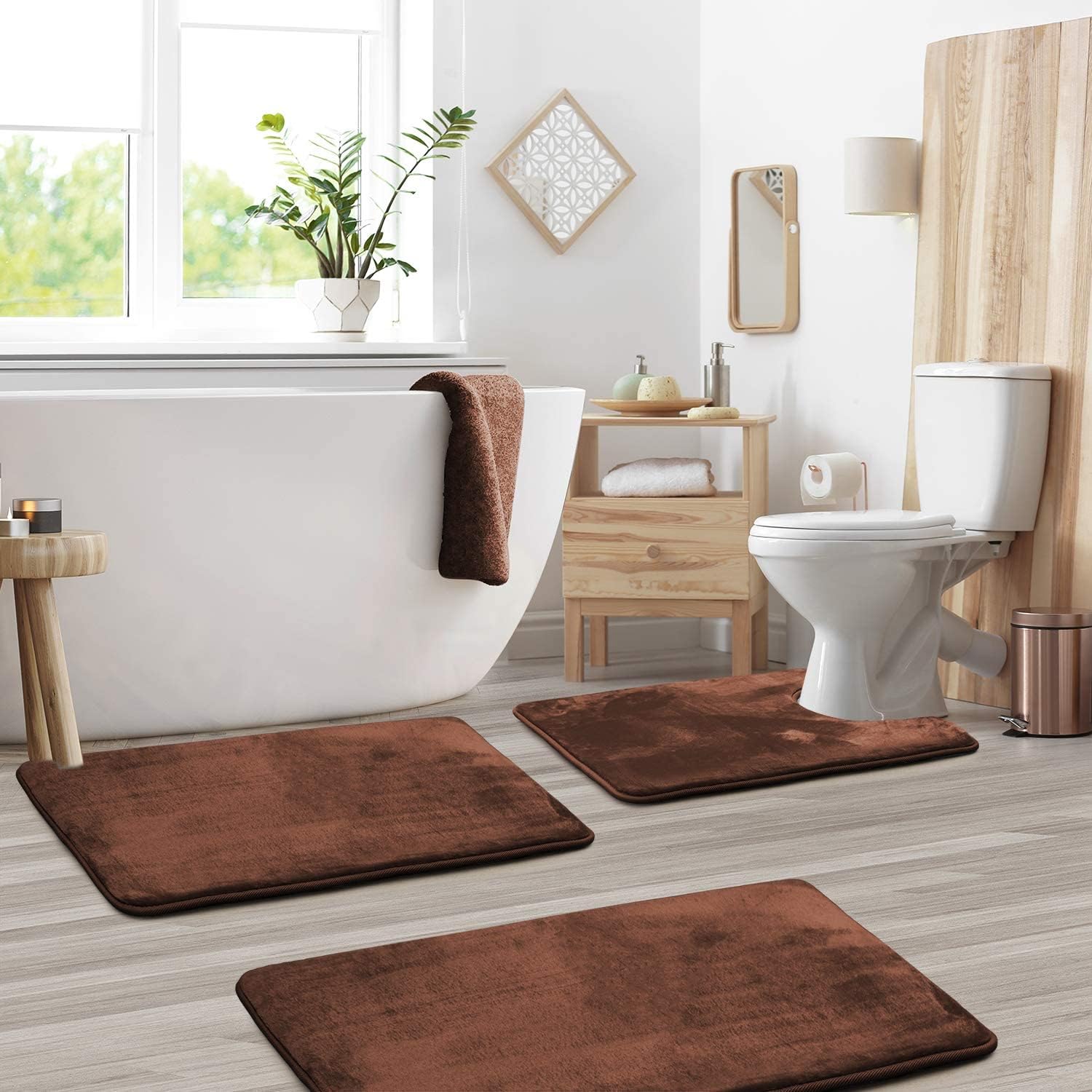 Velour Comfort Bath Mat Set – Memory Foam Non-Slip Bathroom Rugs 3 Piece Black Absorbent Soft Contour