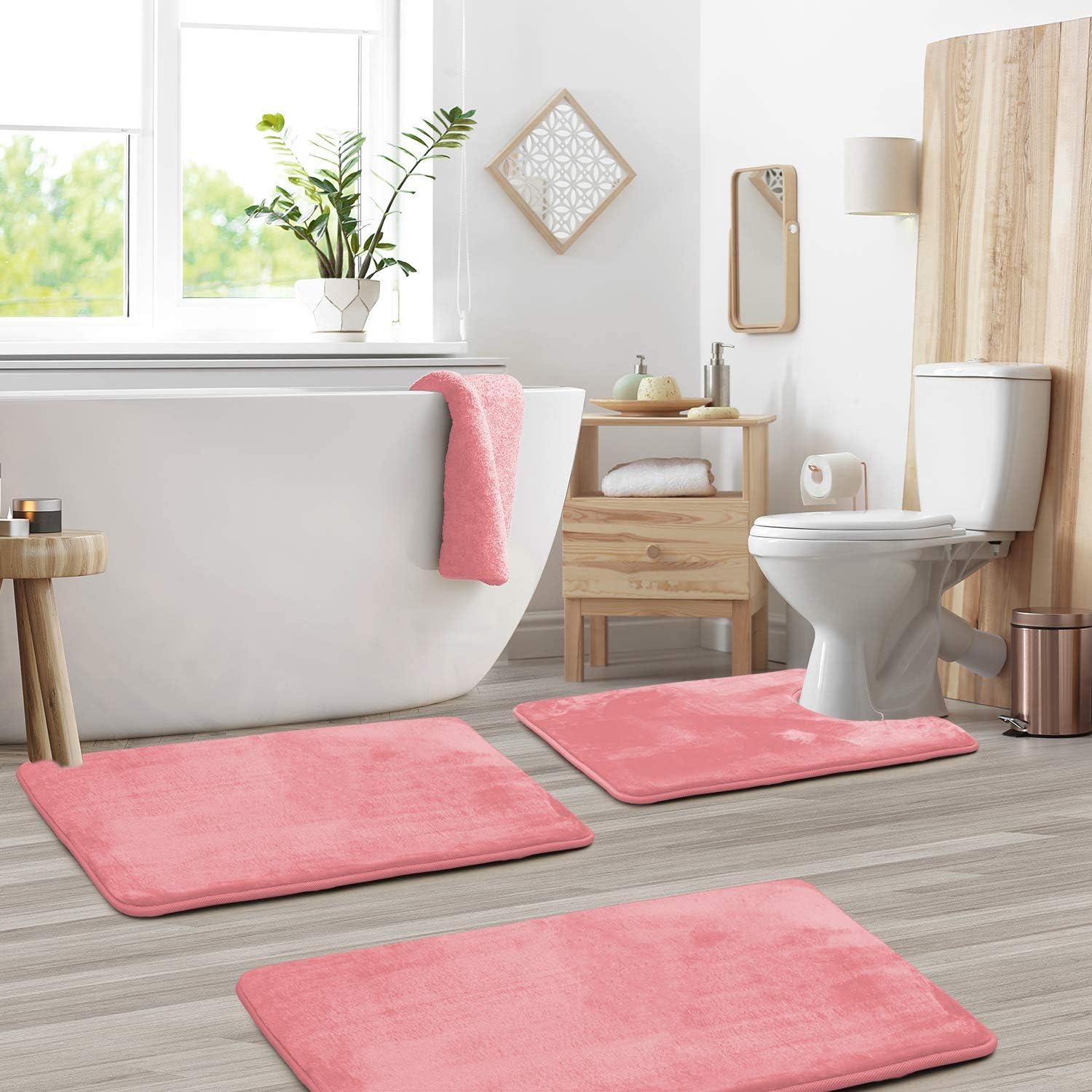 Velour Comfort Bath Mat Set – Memory Foam Non-Slip Bathroom Rugs 3 Piece Black Absorbent Soft Contour