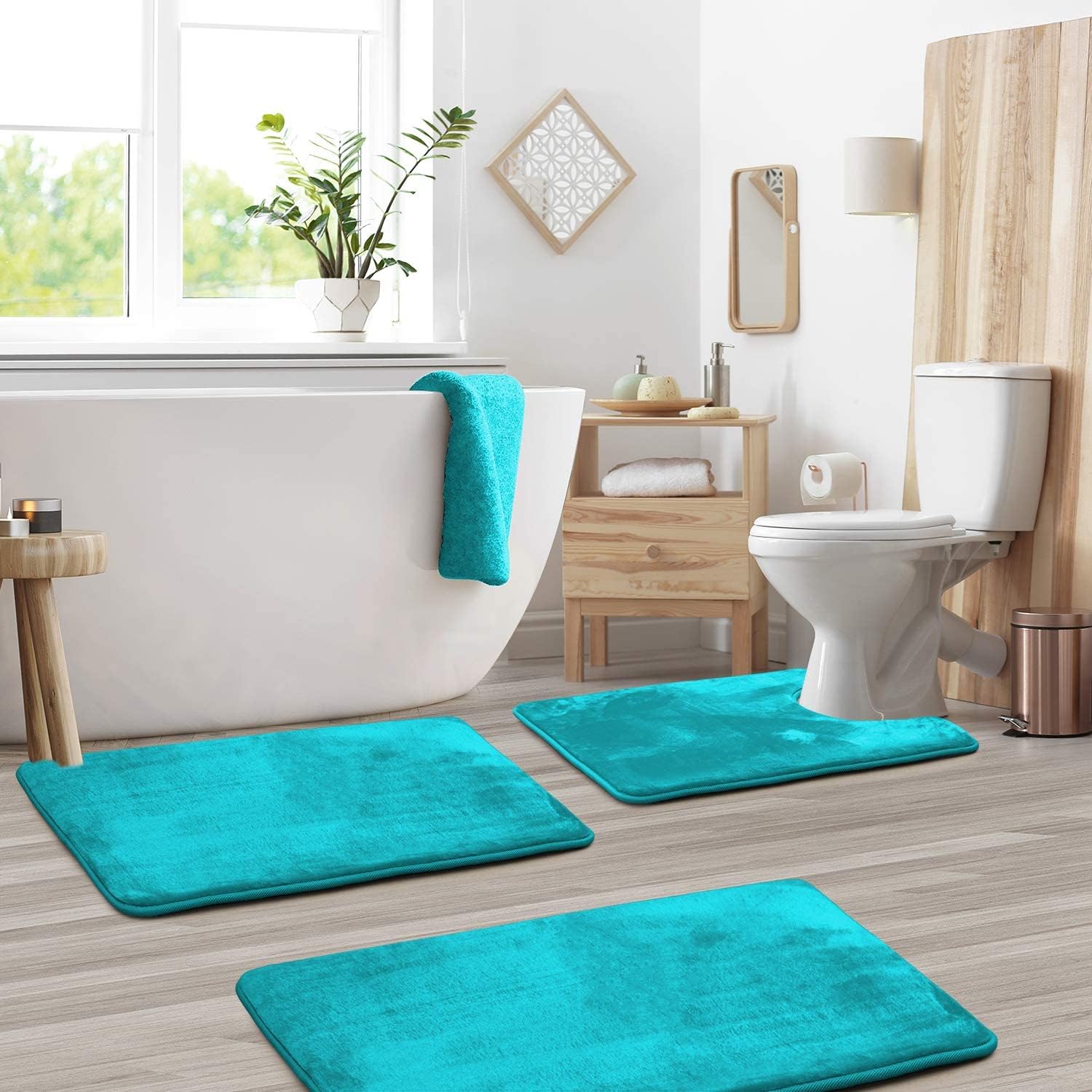 Velour Comfort Bath Mat Set – Memory Foam Non-Slip Bathroom Rugs 3 Piece Black Absorbent Soft Contour