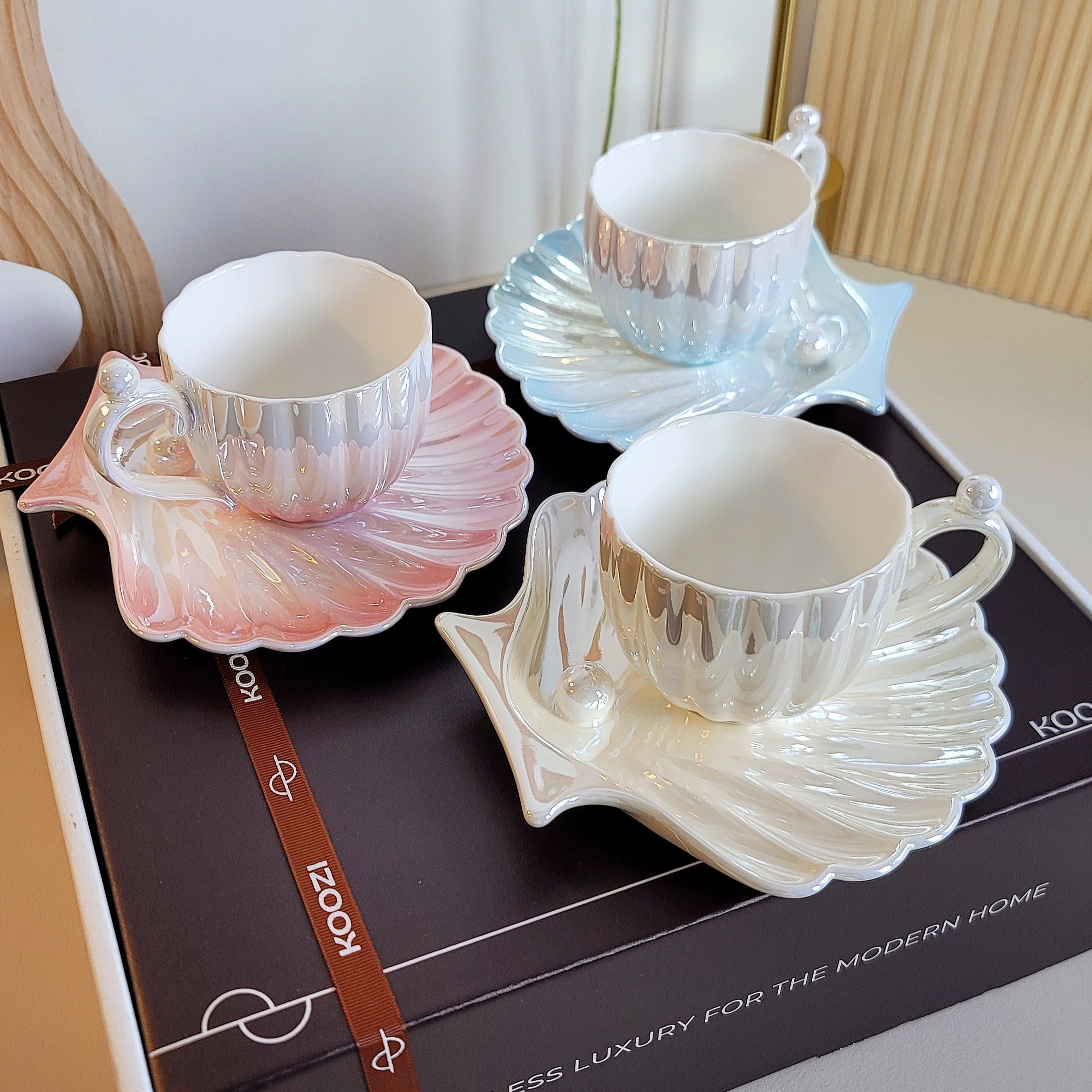 Marelia Shell Tea Cup Saucer Set – Ceramic Iridescent Coastal Kitchen Decor Tableware Coffee Mug