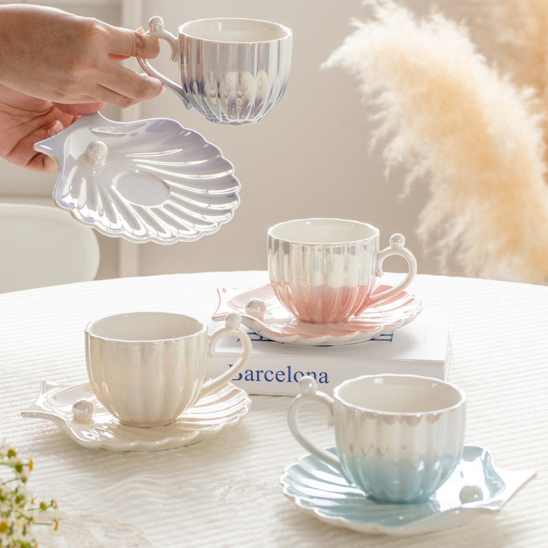 Marelia Shell Tea Cup Saucer Set – Ceramic Iridescent Coastal Kitchen Decor Tableware Coffee Mug