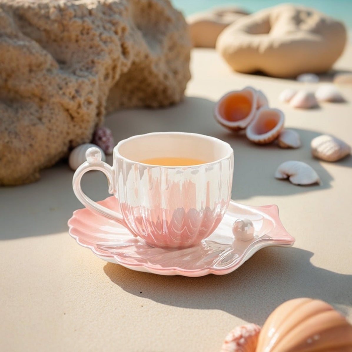 Marelia Shell Tea Cup Saucer Set – Ceramic Iridescent Coastal Kitchen Decor Tableware Coffee Mug