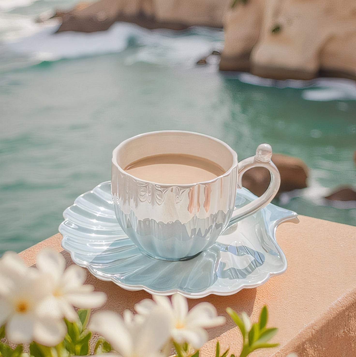 Marelia Shell Tea Cup Saucer Set – Ceramic Iridescent Coastal Kitchen Decor Tableware Coffee Mug