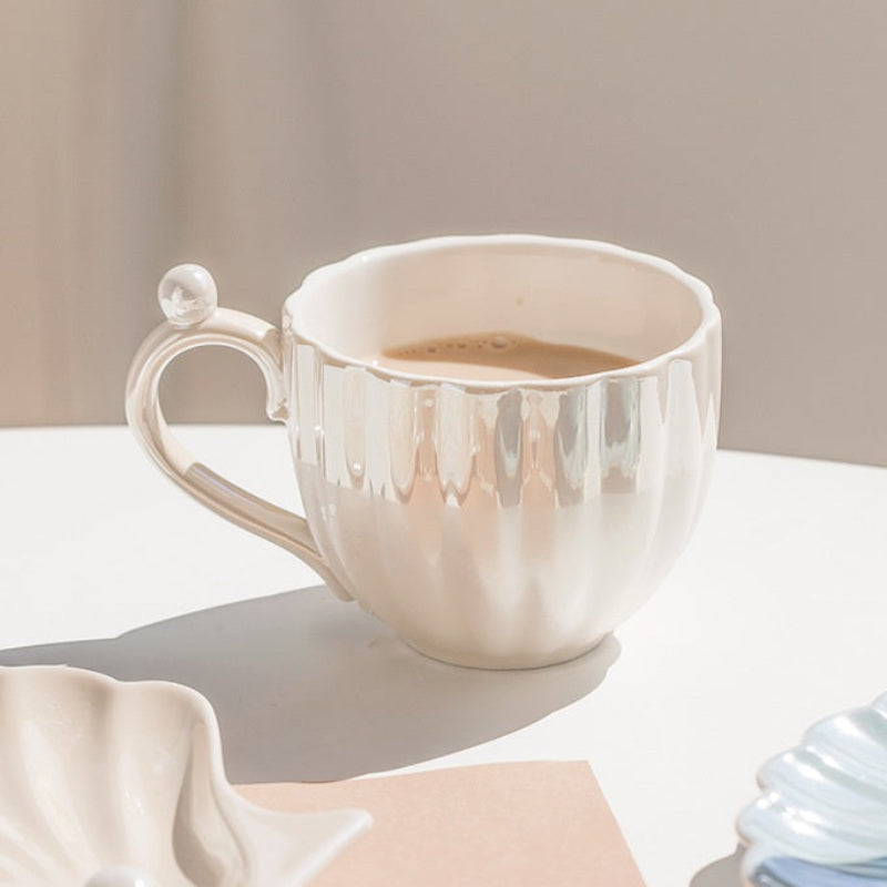 Marelia Shell Tea Cup Saucer Set – Ceramic Iridescent Coastal Kitchen Decor Tableware Coffee Mug