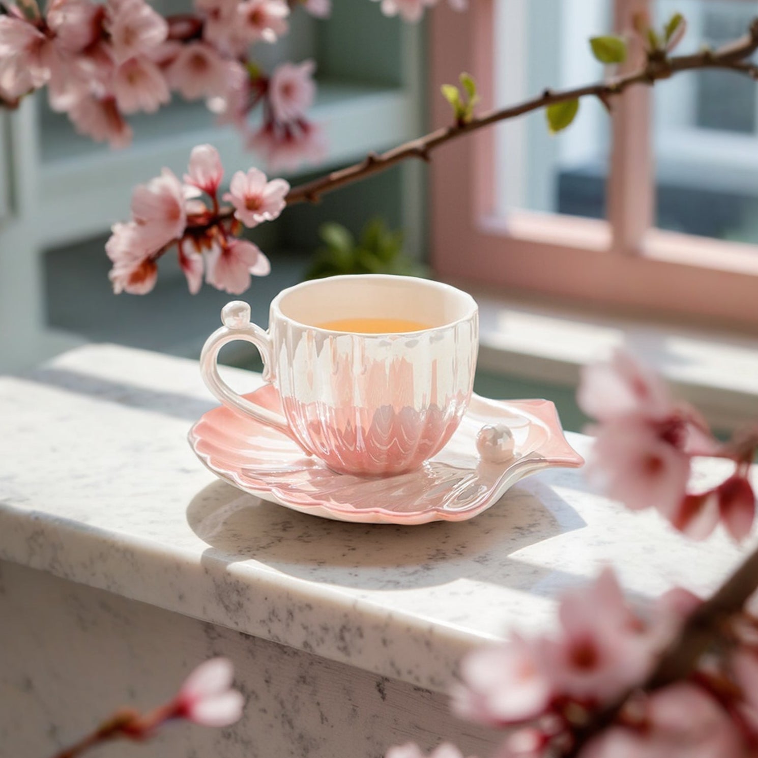 Marelia Shell Tea Cup Saucer Set – Ceramic Iridescent Coastal Kitchen Decor Tableware Coffee Mug