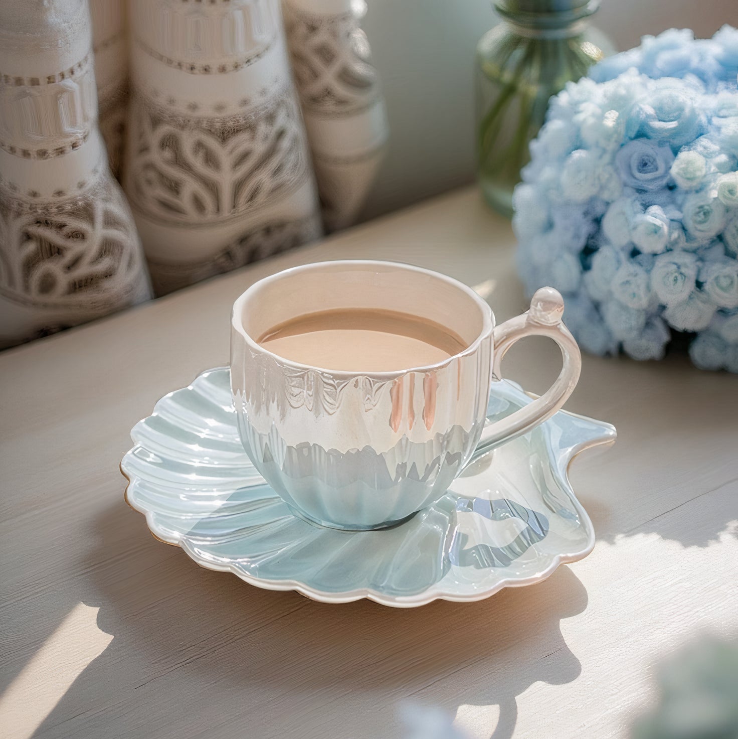 Marelia Shell Tea Cup Saucer Set – Ceramic Iridescent Coastal Kitchen Decor Tableware Coffee Mug