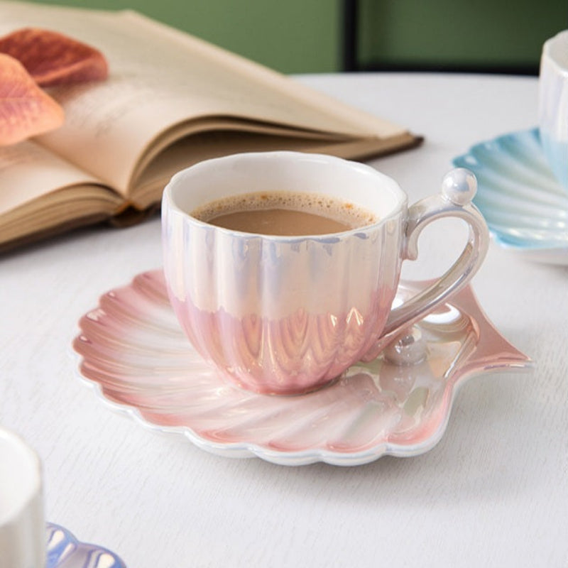 Marelia Shell Tea Cup Saucer Set – Ceramic Iridescent Coastal Kitchen Decor Tableware Coffee Mug