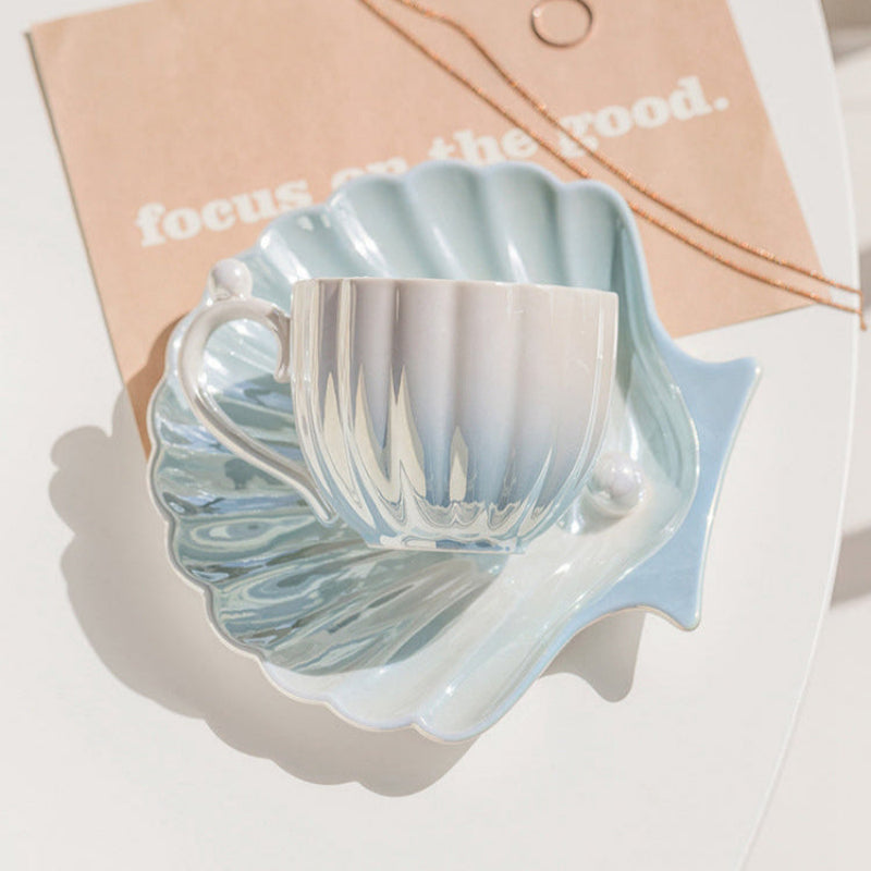 Marelia Shell Tea Cup Saucer Set – Ceramic Iridescent Coastal Kitchen Decor Tableware Coffee Mug