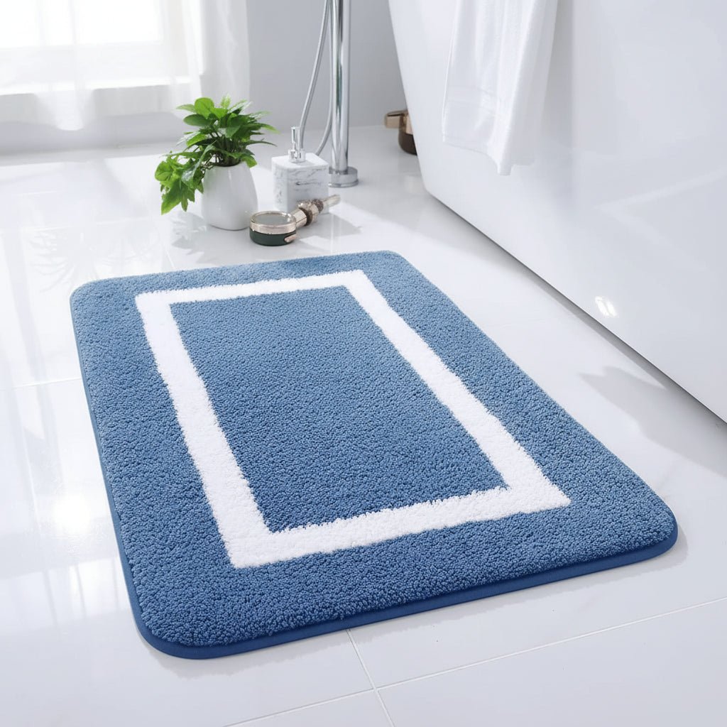 Bordera Bath Mat – Soft Microfiber Non-Slip Absorbent Bathroom Rug Blue White Border Design