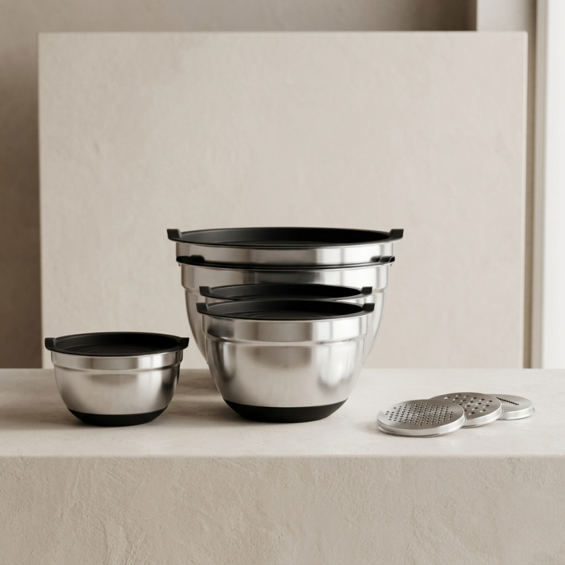 Stratton Nesting Mixing Bowl Set – Stainless Steel Airtight Lids Non Slip Base Kitchen Storage