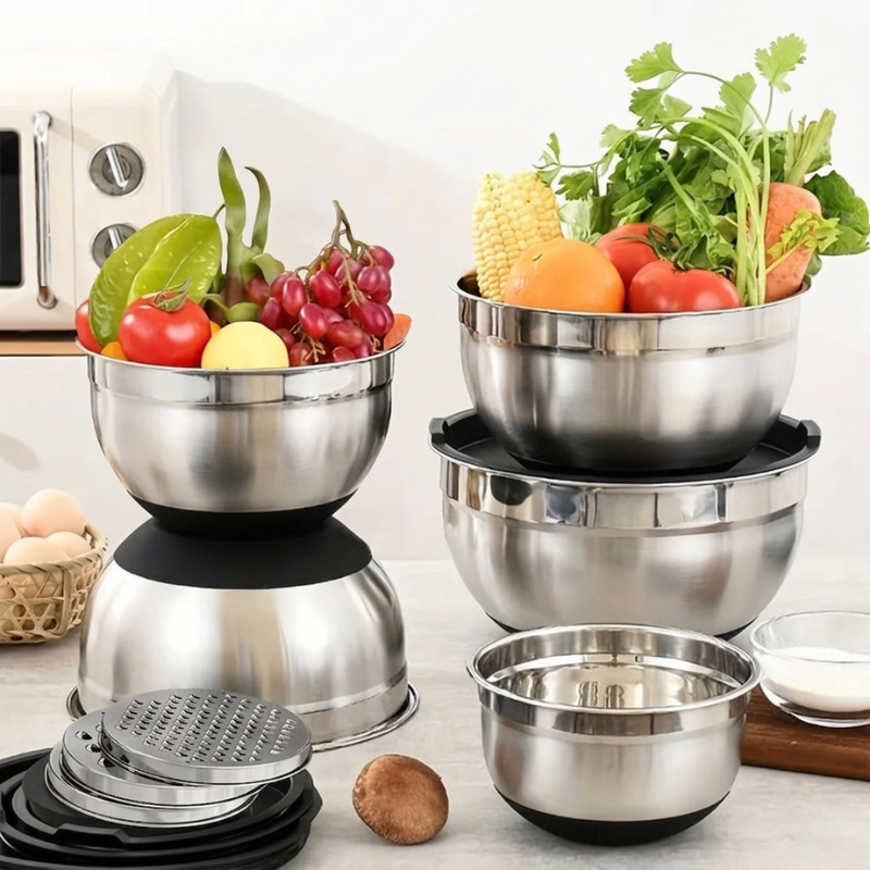 Stratton Nesting Mixing Bowl Set – Stainless Steel Airtight Lids Non Slip Base Kitchen Storage