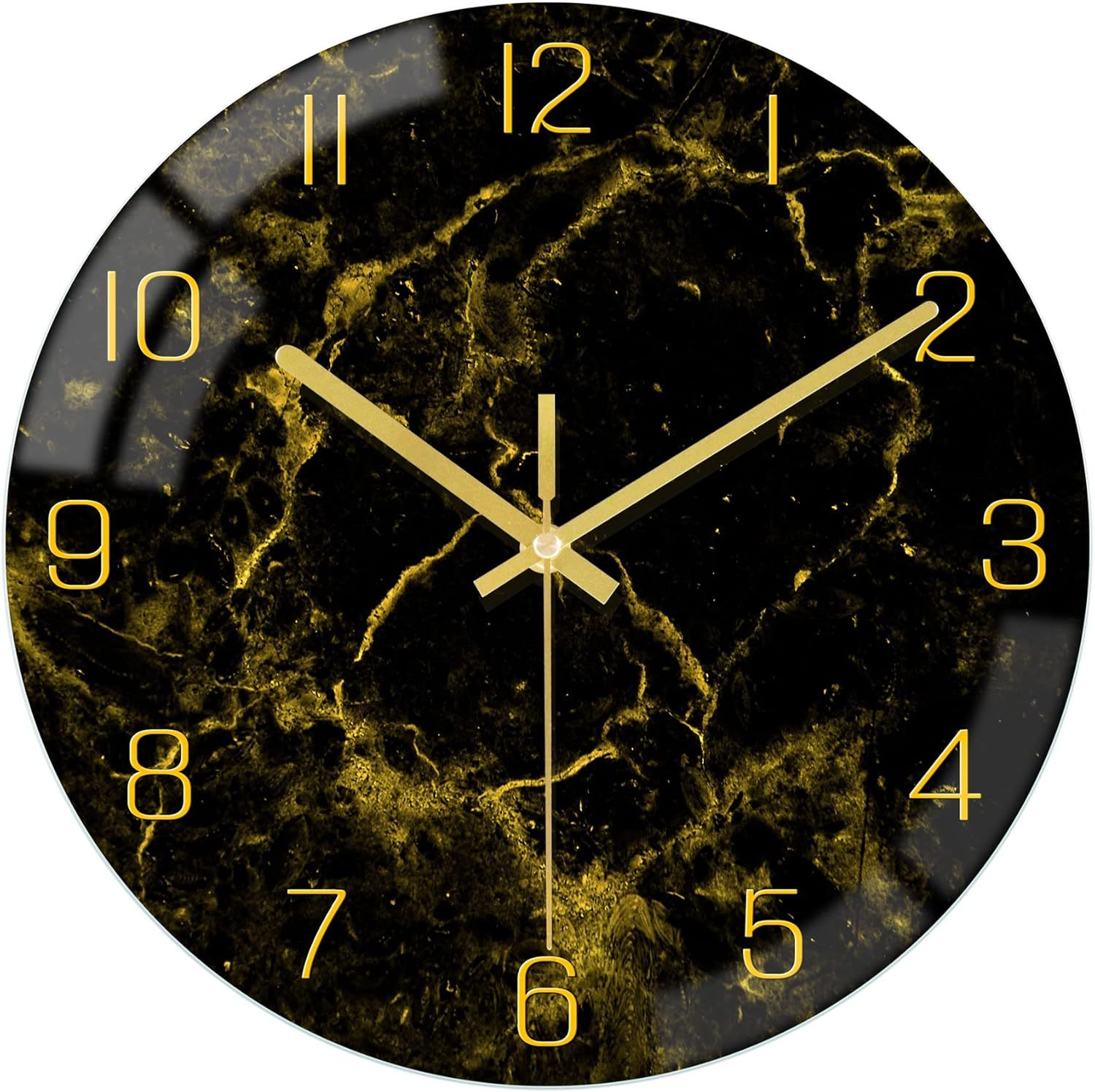 Marvex Noir Wall Clock – Black Gold Marble Round Decorative 12 Inch Silent Living Room Bedroom Kitchen