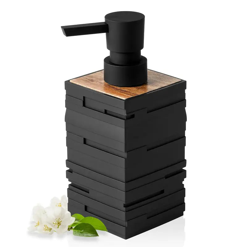 Stratum Wood Soap Dispenser – Modern Black Matte Bathroom Kitchen Countertop Pump Bottle Wooden Accent
