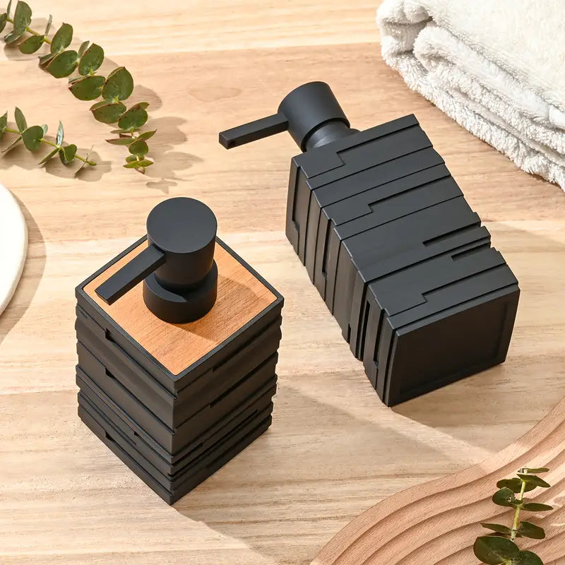 Stratum Wood Soap Dispenser – Modern Black Matte Bathroom Kitchen Countertop Pump Bottle Wooden Accent
