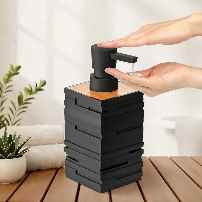 Stratum Wood Soap Dispenser – Modern Black Matte Bathroom Kitchen Countertop Pump Bottle Wooden Accent