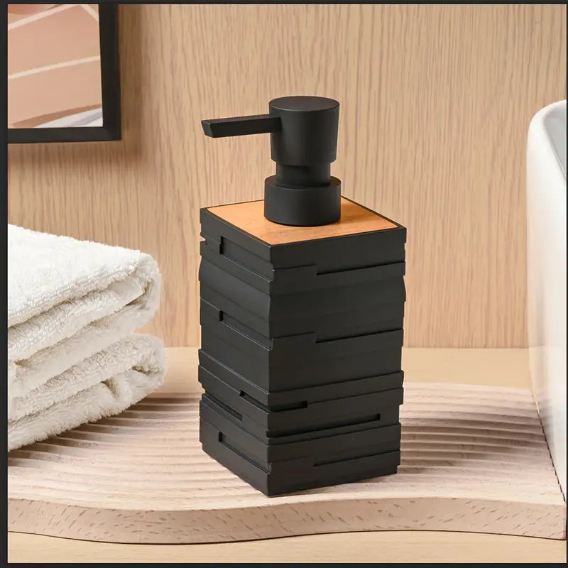 Stratum Wood Soap Dispenser – Modern Black Matte Bathroom Kitchen Countertop Pump Bottle Wooden Accent