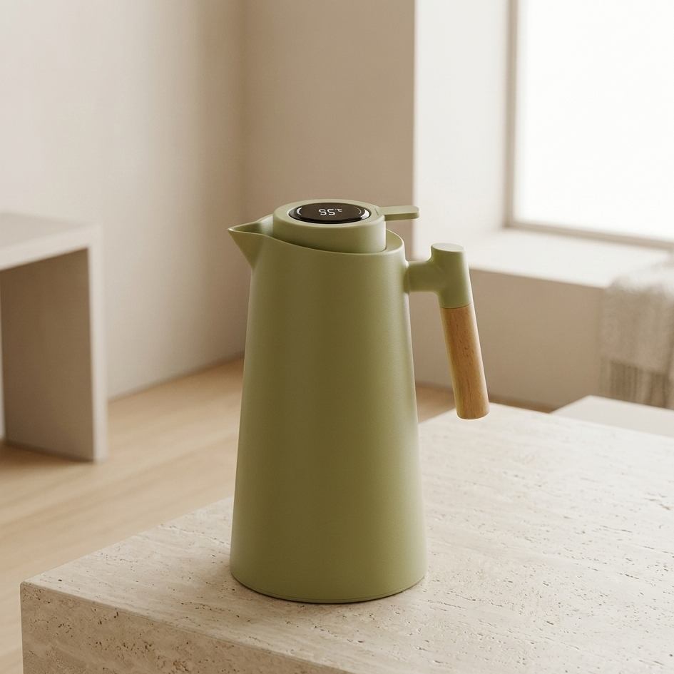 Theron Thermal Carafe – Insulated Stainless Steel Coffee Pot Temperature Display Wood Handle