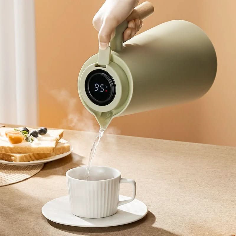 Theron Thermal Carafe – Insulated Stainless Steel Coffee Pot Temperature Display Wood Handle