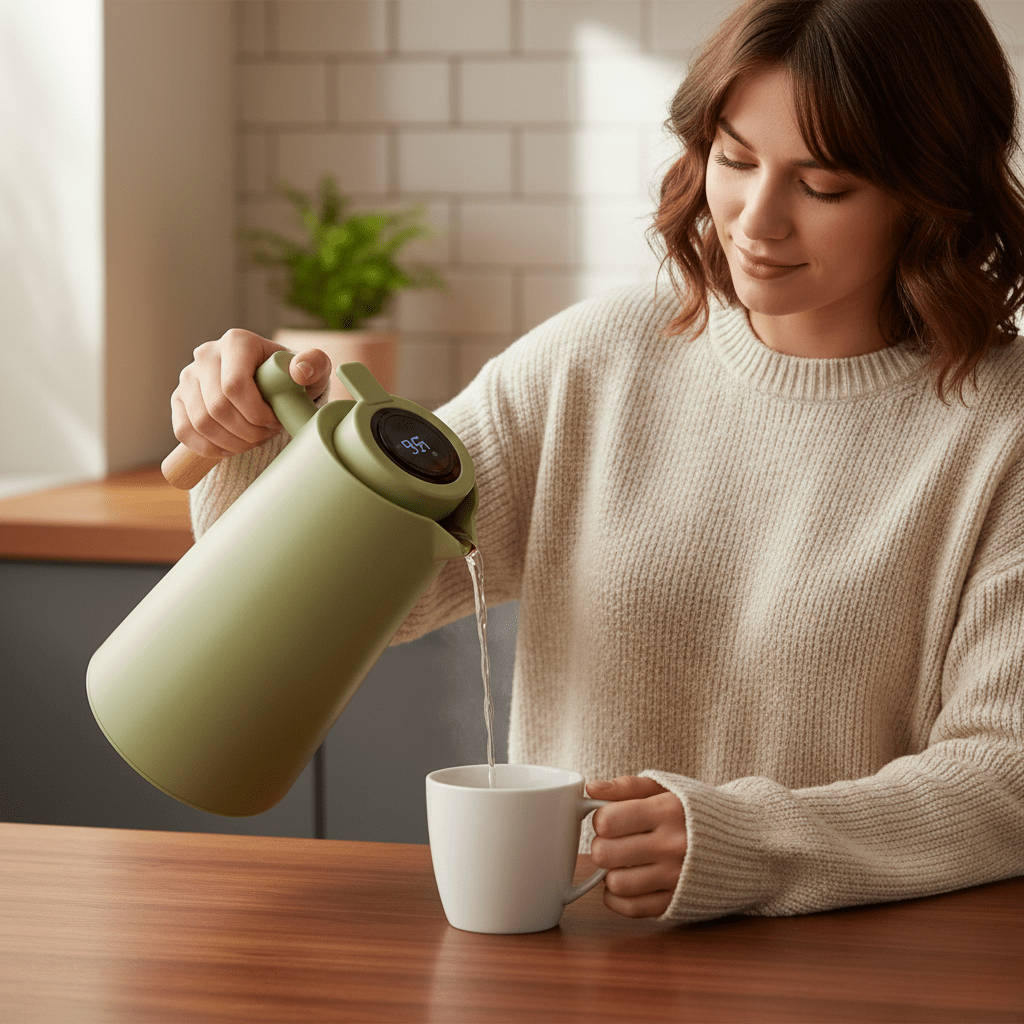 Theron Thermal Carafe – Insulated Stainless Steel Coffee Pot Temperature Display Wood Handle