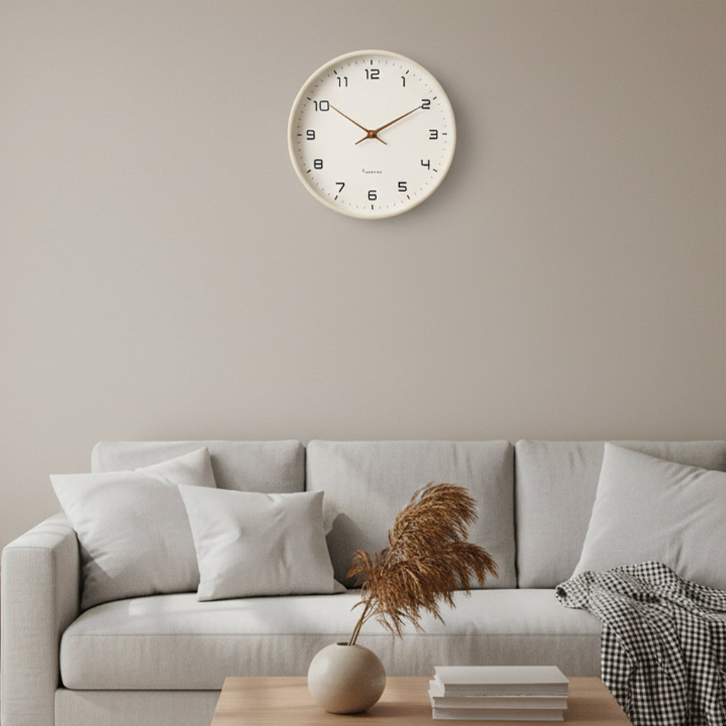 Tempus Round Wall Clock – Silent Quartz Minimalist White Wood Frame Living Room Bedroom Office Decor