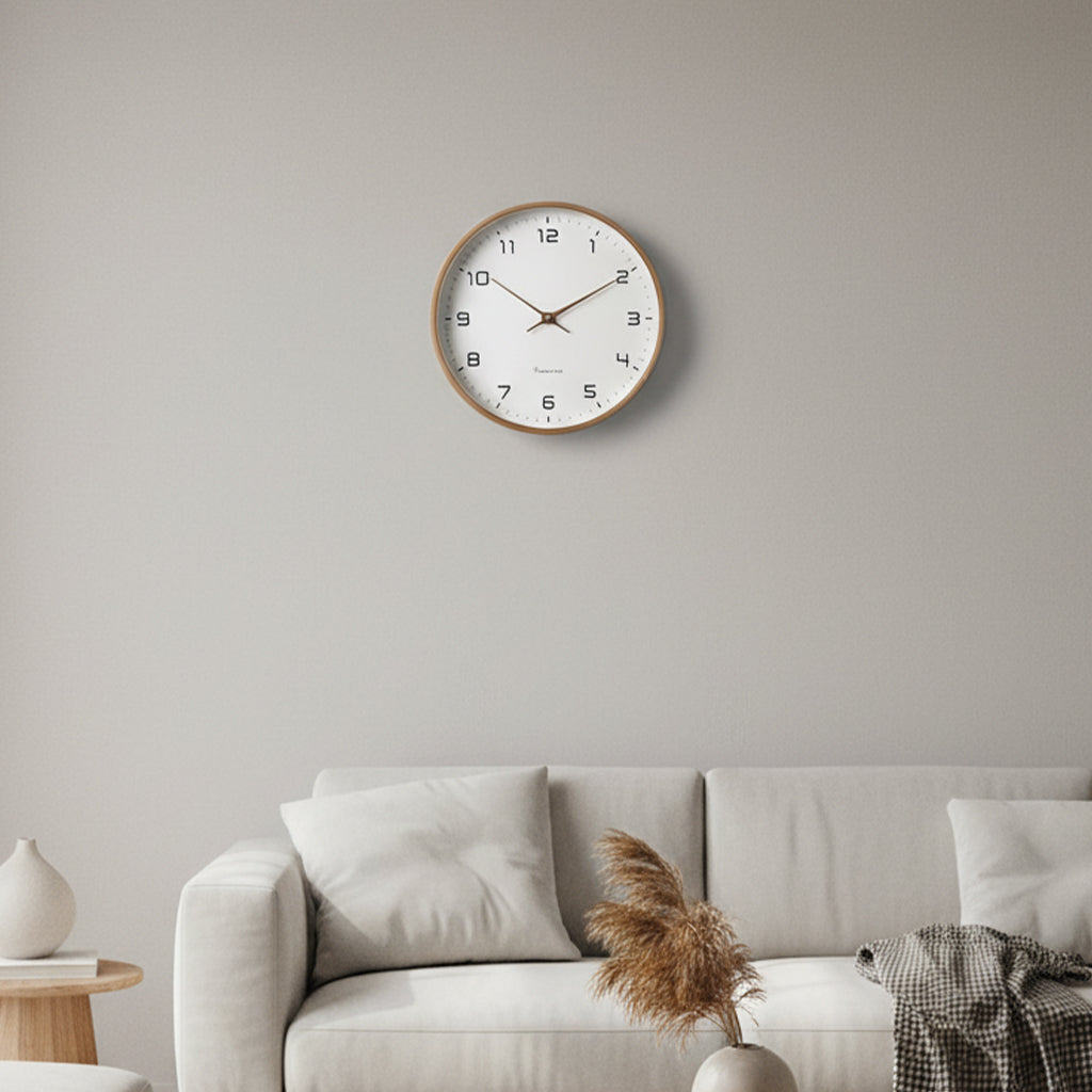 Tempus Round Wall Clock – Silent Quartz Minimalist White Wood Frame Living Room Bedroom Office Decor