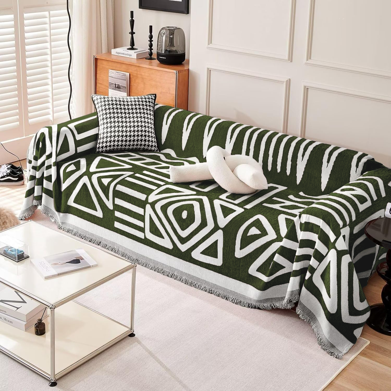 Kintara Sofa Throw – Geometric Tribal Pattern Couch Cover Grey White Cotton Woven Blanket Living Room