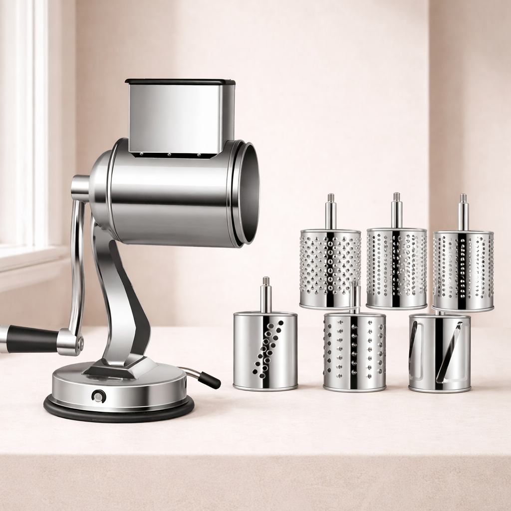Gratiex Rotary Cheese Grater – Stainless Steel Drum Slicer Shredder 5 Interchangeable Blades Suction Base