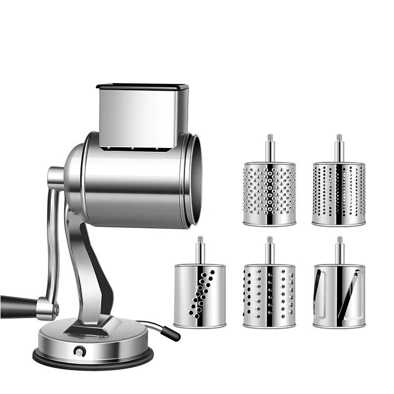 Gratiex Rotary Cheese Grater – Stainless Steel Drum Slicer Shredder 5 Interchangeable Blades Suction Base