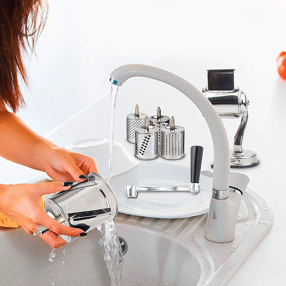 Gratiex Rotary Cheese Grater – Stainless Steel Drum Slicer Shredder 5 Interchangeable Blades Suction Base