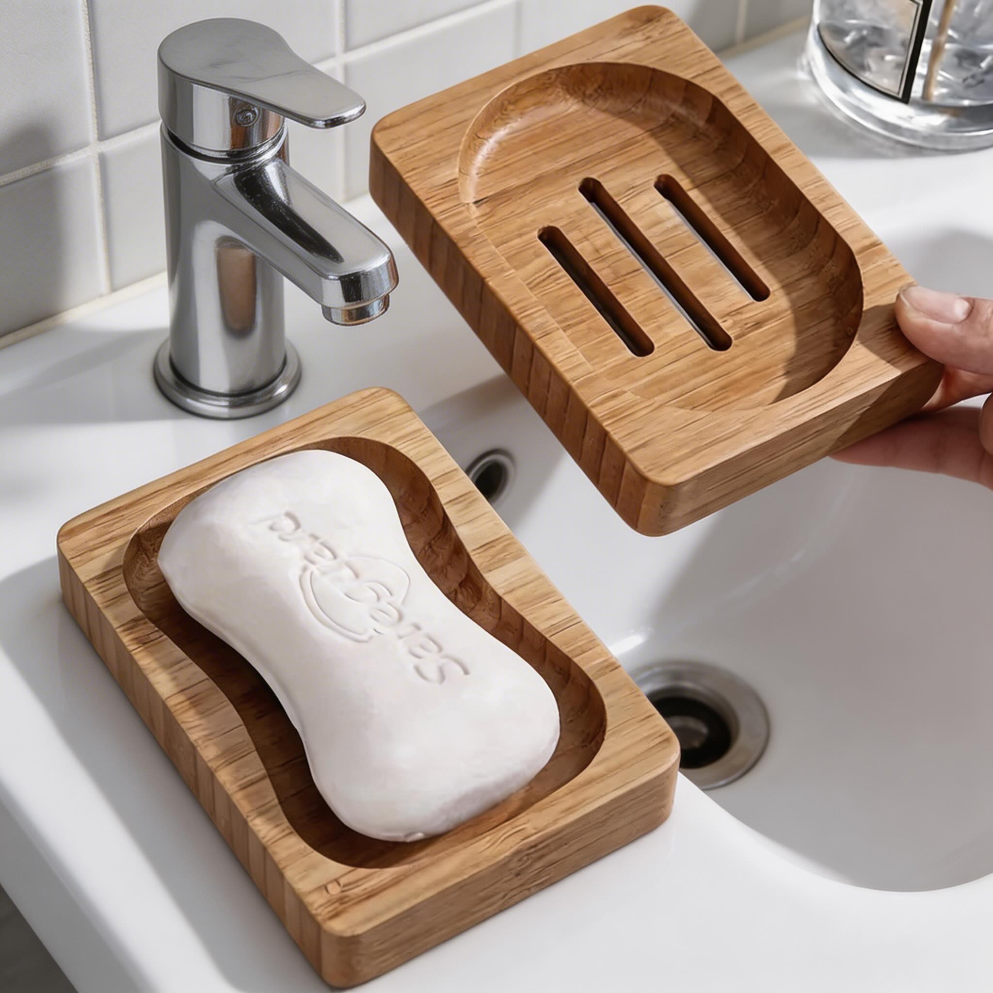 Stratum Bamboo Soap Dish – Natural Wood Bathroom Holder Soap Tray Kitchen Sink Organizer Eco-Friendly