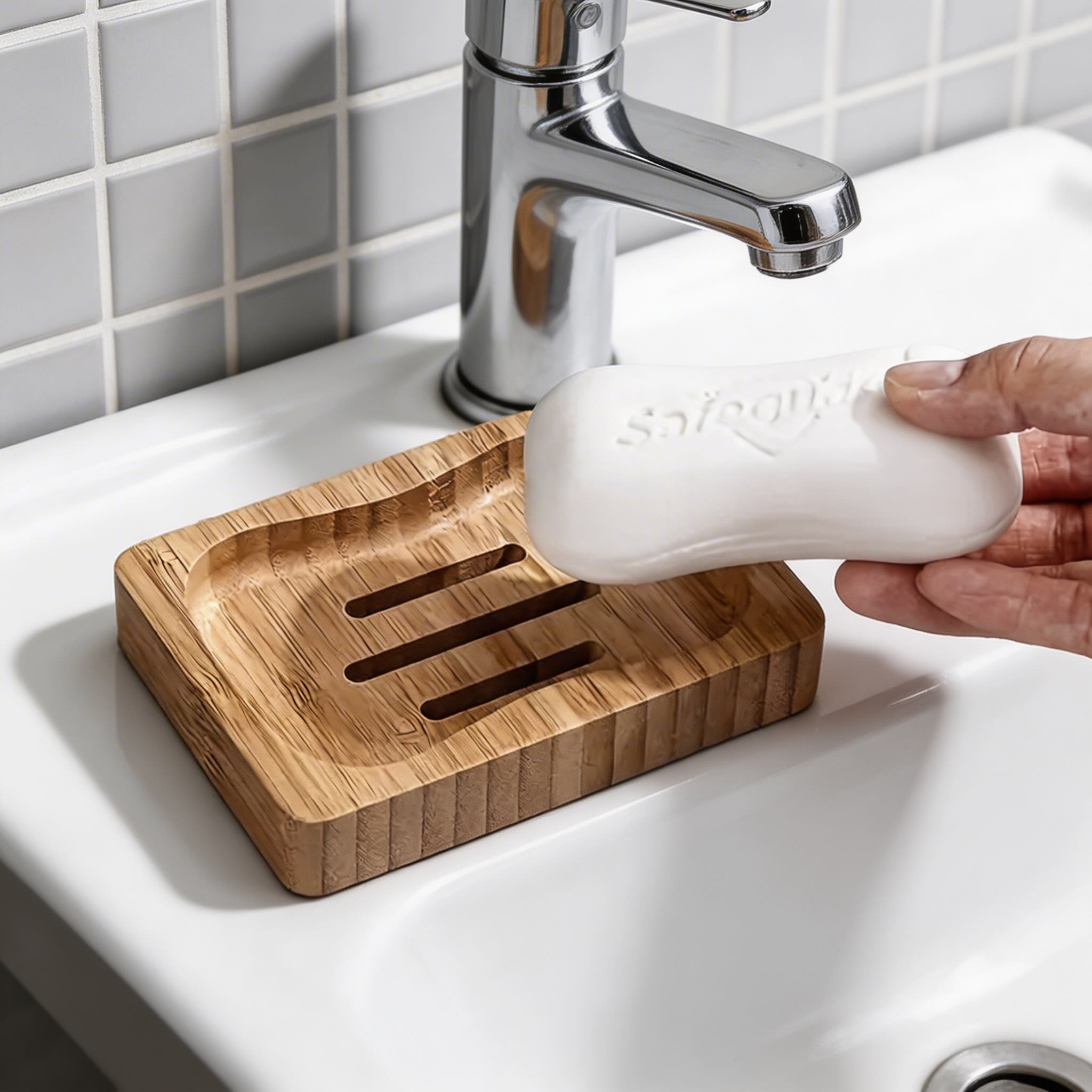 Stratum Bamboo Soap Dish – Natural Wood Bathroom Holder Soap Tray Kitchen Sink Organizer Eco-Friendly