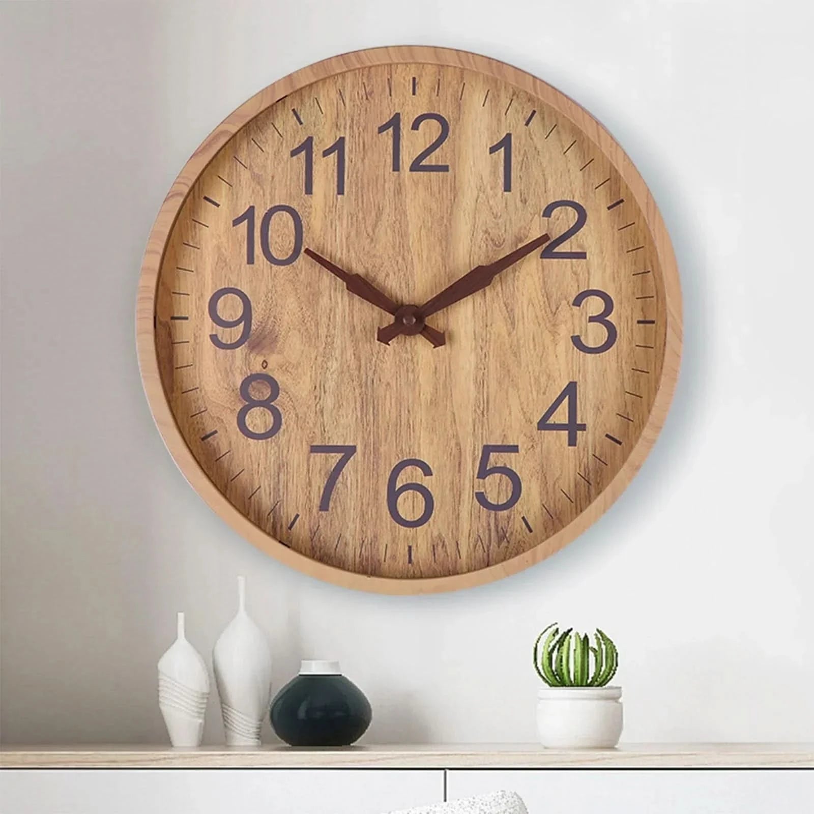 Grainley Round Wall Clock – Wood Analog Silent Living Room Bedroom Kitchen Farmhouse Decorative