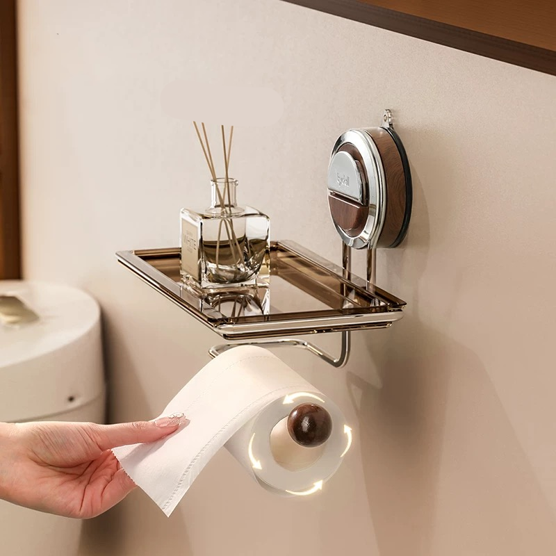 Valdor Suction Toilet Paper Holder – Wall Mounted Bathroom Tissue Storage Shelf Stainless Steel Towel Bar