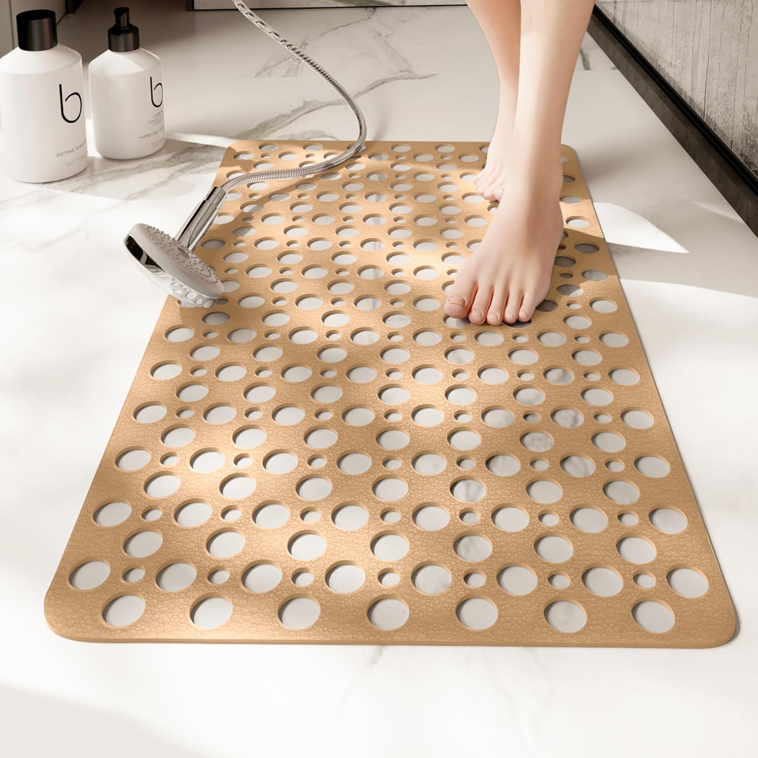 Porevo Shower Mat – Non Slip Bathtub Mat Drain Holes Suction Cup White Bathroom Safety